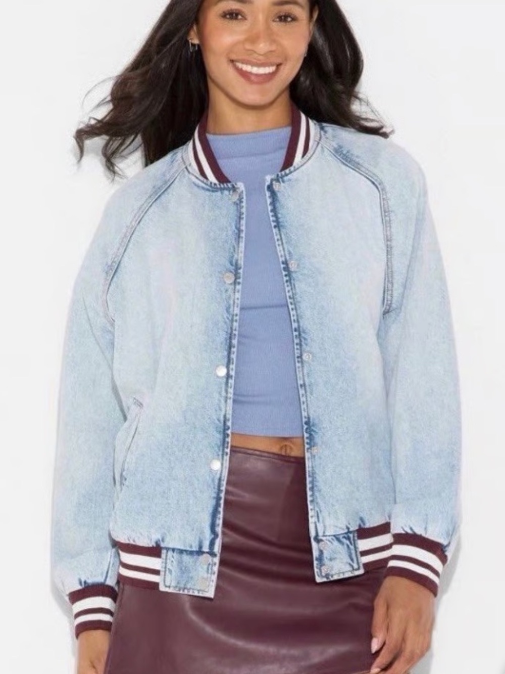 Wild Fable Light Wash Denim Bomber Jacket with Striped Trim